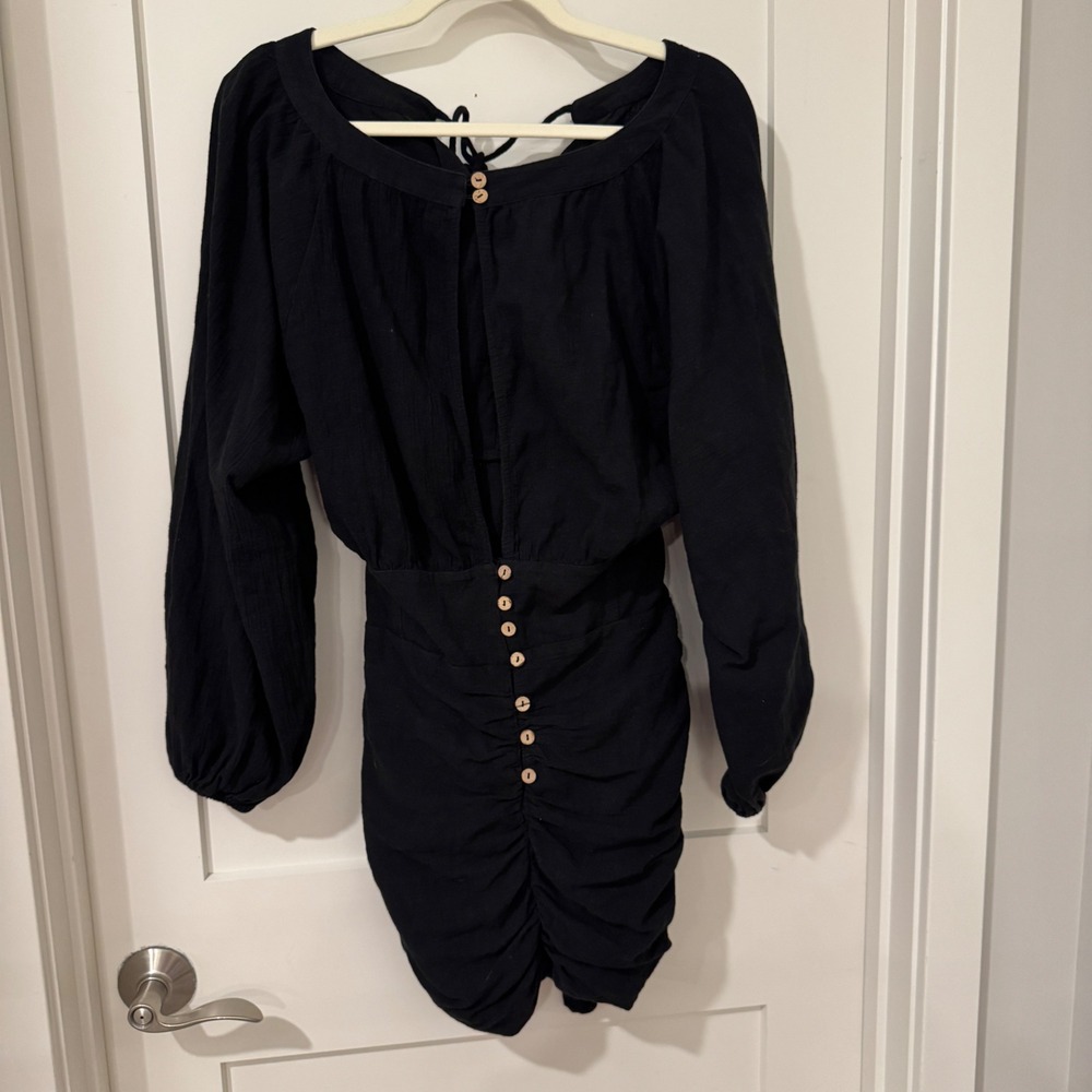 Free People Black Gauze Ruched Mini Dress Long Sleeve Wood Button Tie Back Small